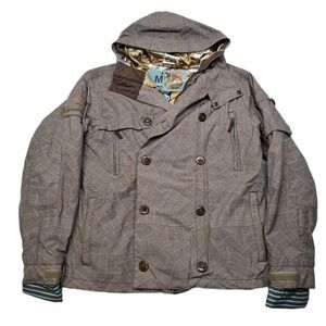 Burton The White Collection Jacket Mens Medium Brown Plaid Hooded Ski Snowboard